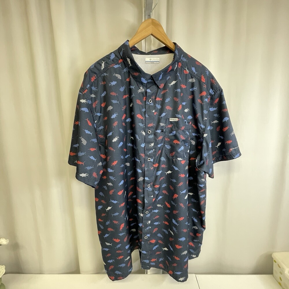 Columbia PFG Omni-Shade Fishing Shirt Mens XXL Blue Fish Print Short Sleeve